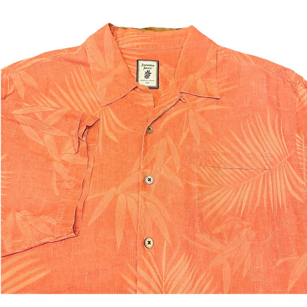 Jamaica Jaxx Coral Palm Trees Print Hawaiian 100% Silk Button Up‎ Shirt Men's L
